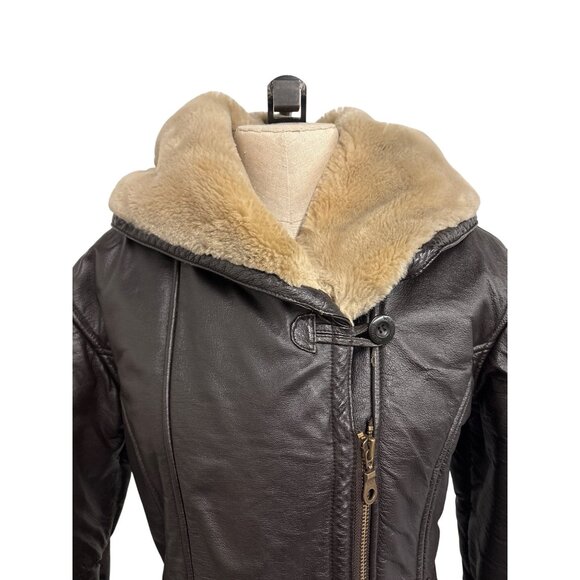 Vintage Womens Wilsons Leather Shearling Jacket Brown Small Hooded Fur Trimmed - Picture 5 of 14